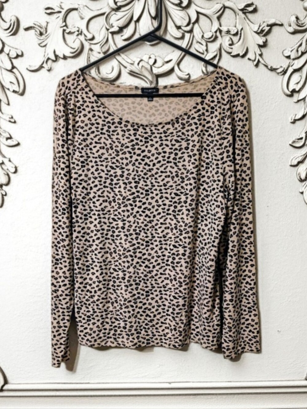 Talbots Soft Leopard Print Long Sleeve Top, Round Neck Blouse, Size Large